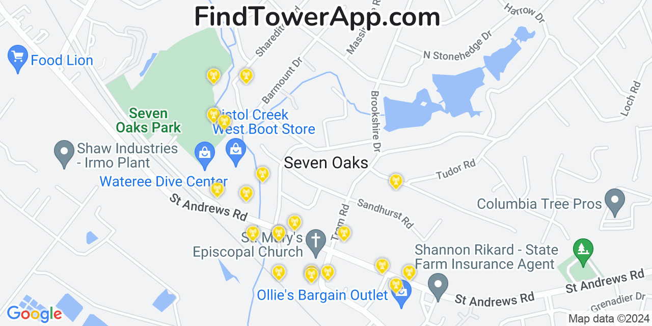 AT&T 4G/5G cell tower coverage map Seven Oaks, South Carolina