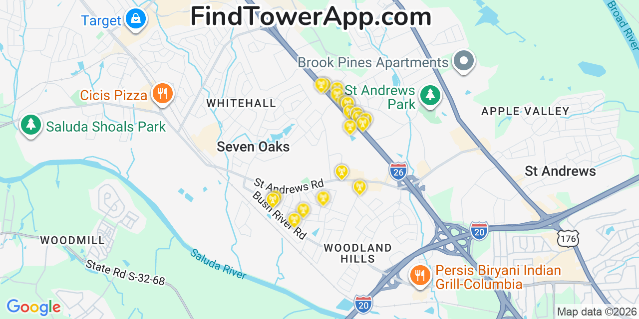 Map showing the 20 primary cell tower locations detected in Seven Oaks, South Carolina from AT&T, Verizon, and T-Mobile networks