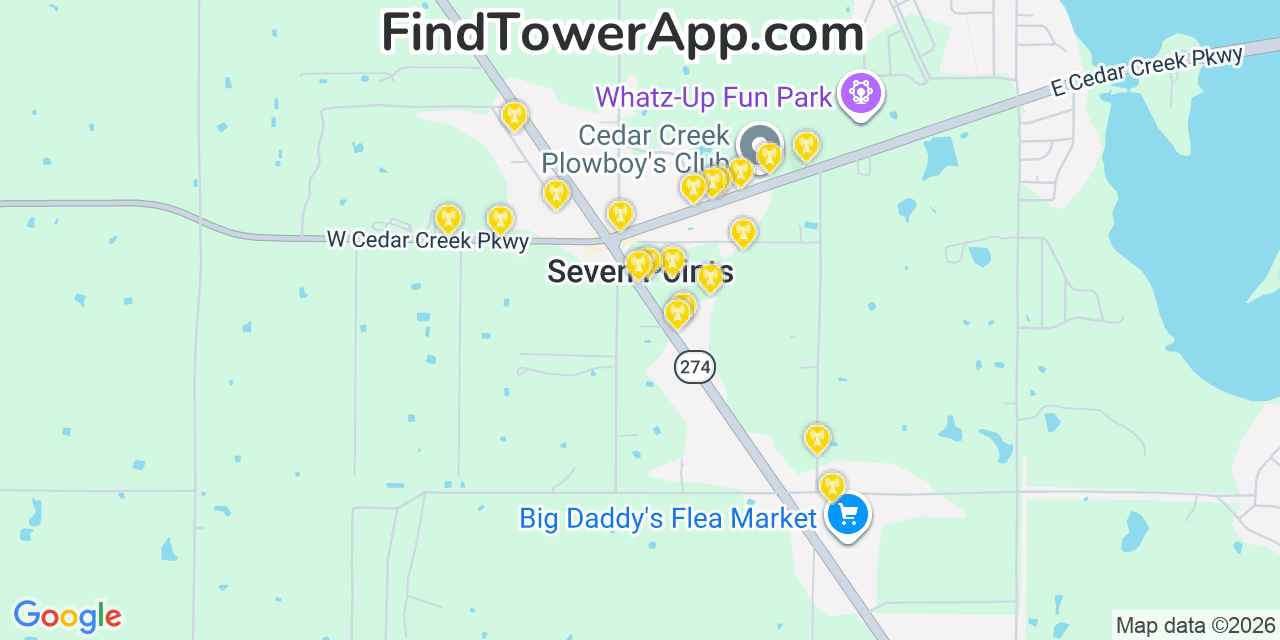Map showing the 20 primary cell tower locations detected in Seven Points, Texas from AT&T, Verizon, and T-Mobile networks