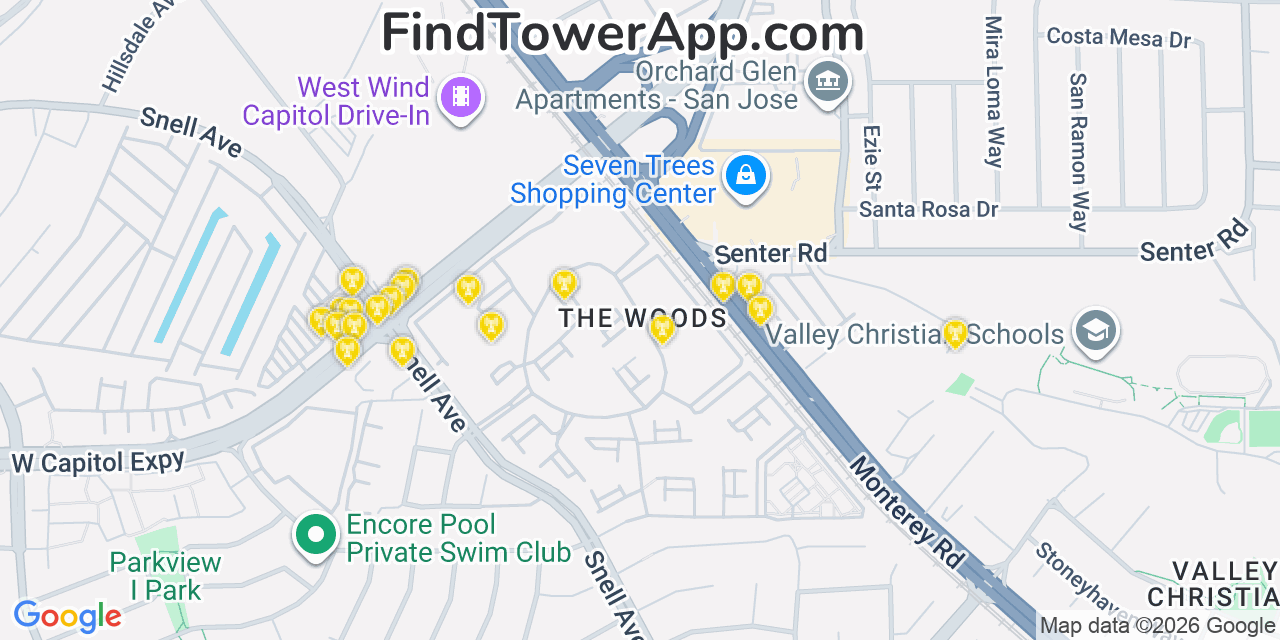 Map showing the 20 primary cell tower locations detected in Seven Trees, California from AT&T, Verizon, and T-Mobile networks