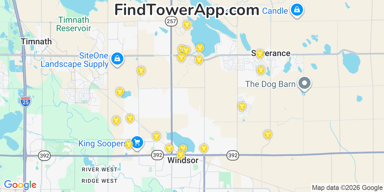 Map showing the 20 primary cell tower locations detected in Severance, Colorado from AT&T, Verizon, and T-Mobile networks