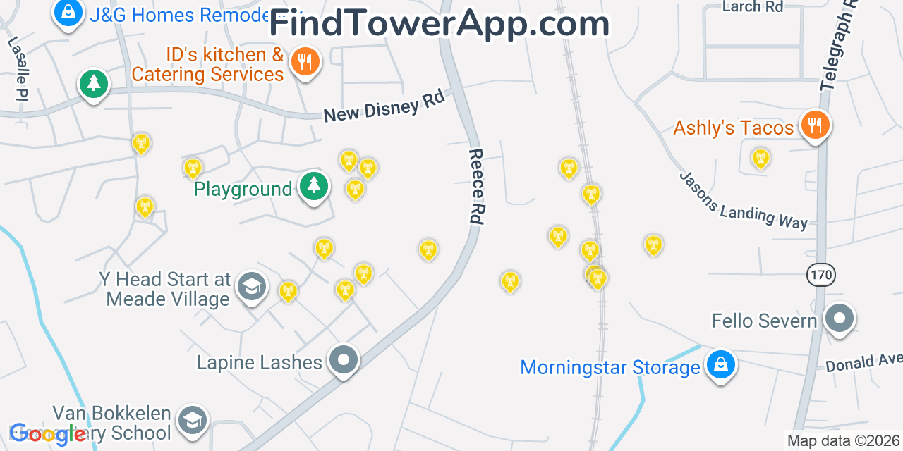 Map showing the 20 primary cell tower locations detected in Severn, Maryland from AT&T, Verizon, and T-Mobile networks