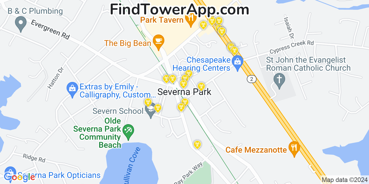 AT&T 4G/5G cell tower coverage map Severna Park, Maryland