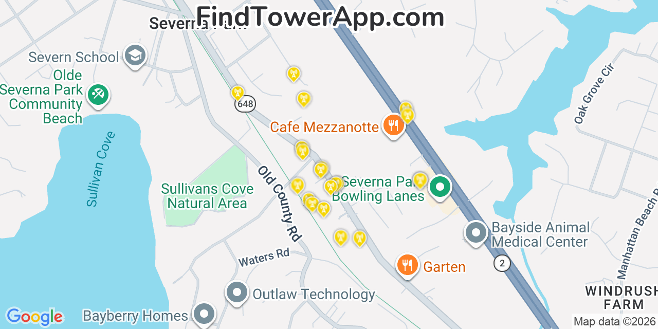 Map showing the 20 primary cell tower locations detected in Severna Park, Maryland from AT&T, Verizon, and T-Mobile networks