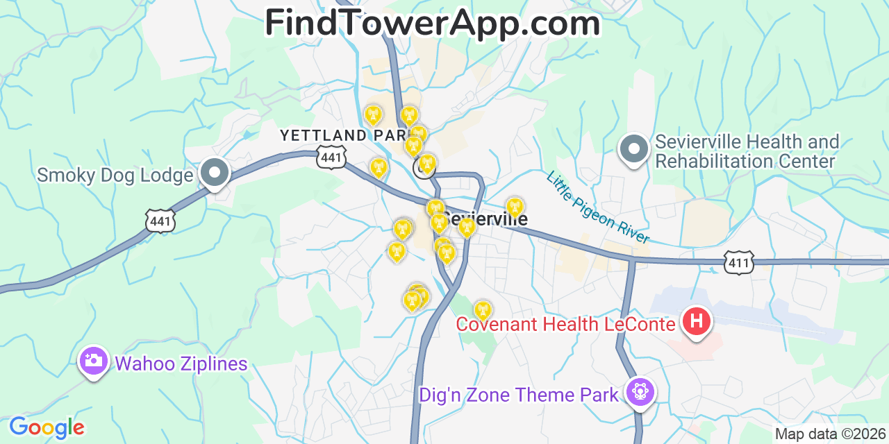 Map showing the 20 primary cell tower locations detected in Sevierville, Tennessee from AT&T, Verizon, and T-Mobile networks