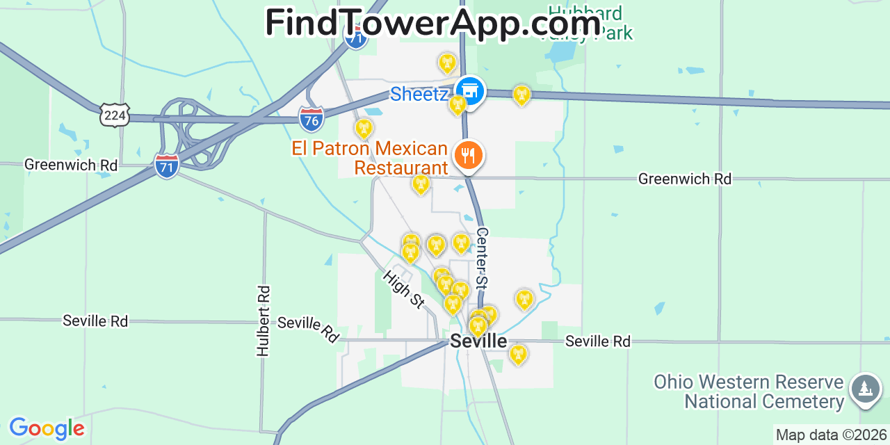 Map showing the 20 primary cell tower locations detected in Seville, Ohio from AT&T, Verizon, and T-Mobile networks