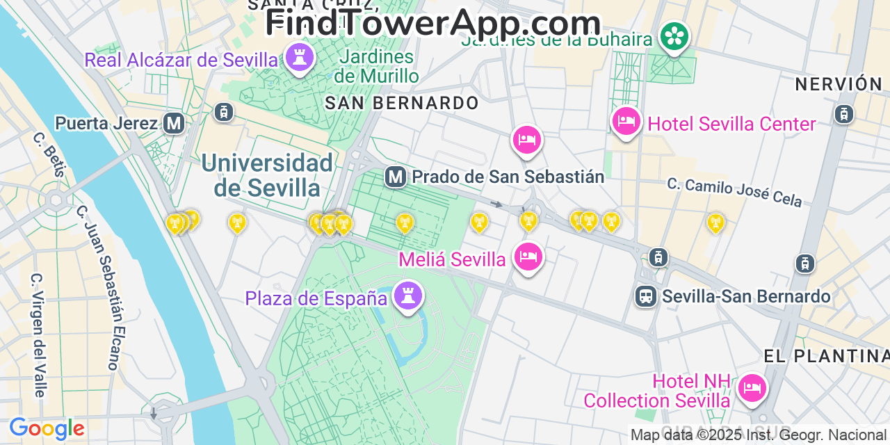 Map showing the 20 primary cell tower locations detected in Seville, Spain with coverage areas and signal strength