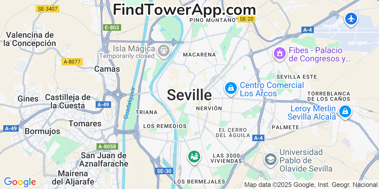 Map showing the 0 primary Yoigo cell tower locations detected in Seville, Spain with coverage radius and signal strength indicators