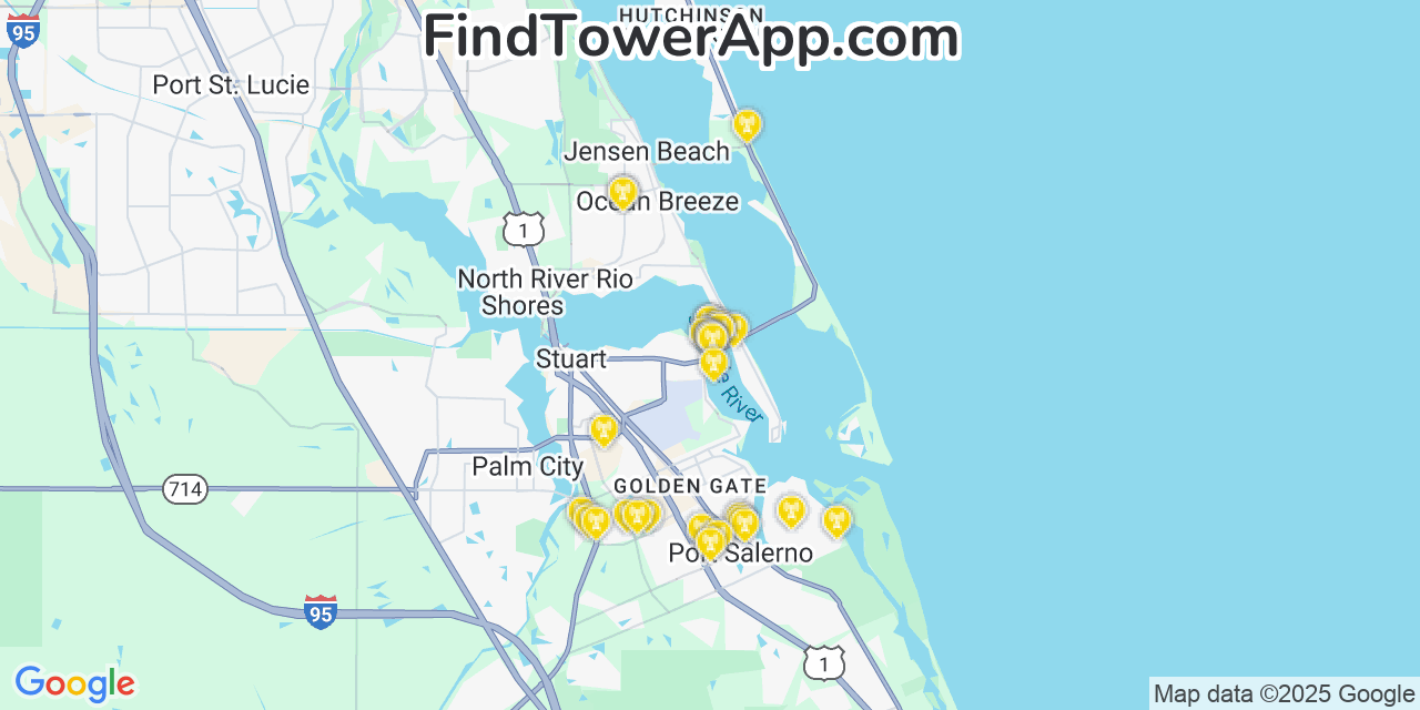 Map showing the 30 primary AT&T cell tower locations detected in Sewall S Point, Florida with coverage radius and signal strength indicators
