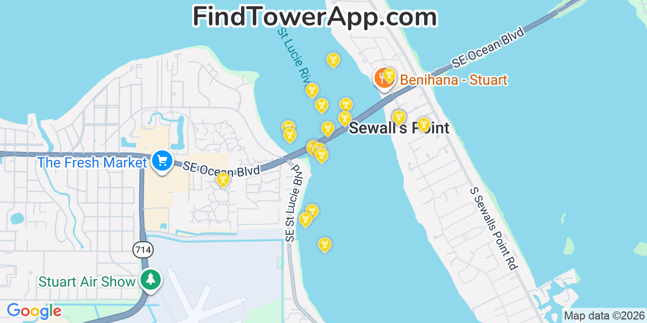 Map showing the 20 primary cell tower locations detected in Sewall S Point, Florida from AT&T, Verizon, and T-Mobile networks