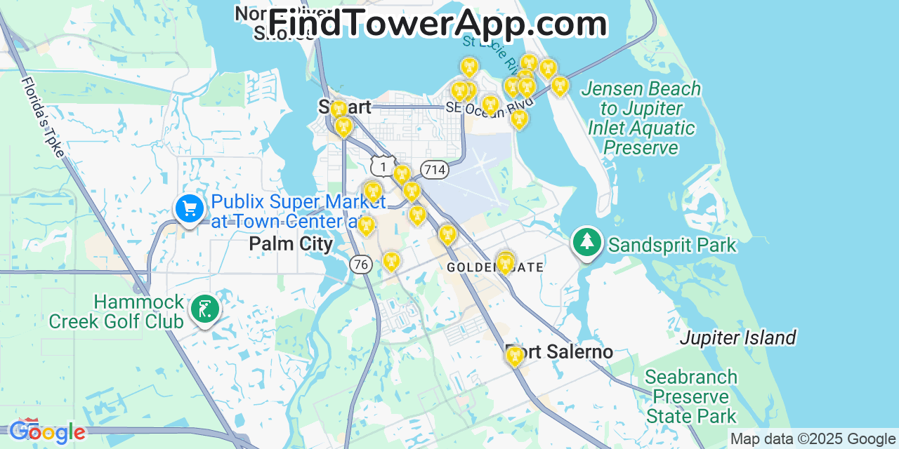 Map showing the 27 primary T-Mobile cell tower locations detected in Sewall S Point, Florida with coverage radius and signal strength indicators