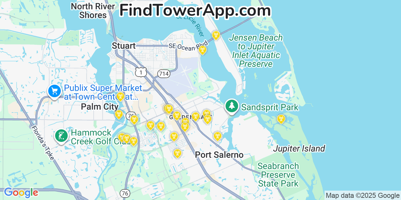 Map showing the 22 primary Verizon cell tower locations detected in Sewall S Point, Florida with coverage radius and signal strength indicators