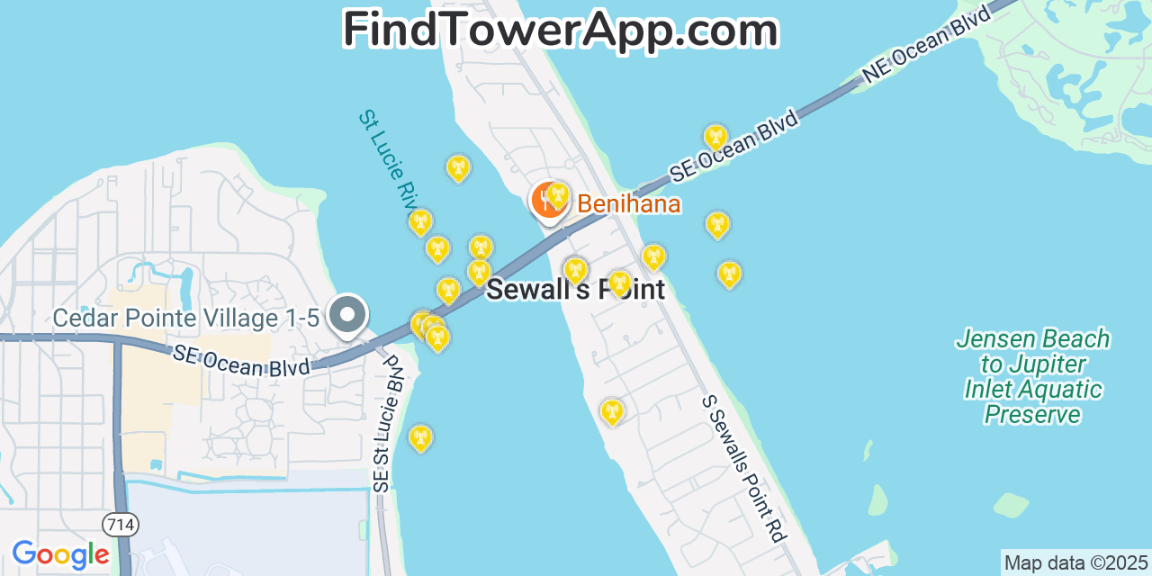 Map showing the 20 primary cell tower locations detected in Sewalls Point, Florida from AT&T, Verizon, and T-Mobile networks