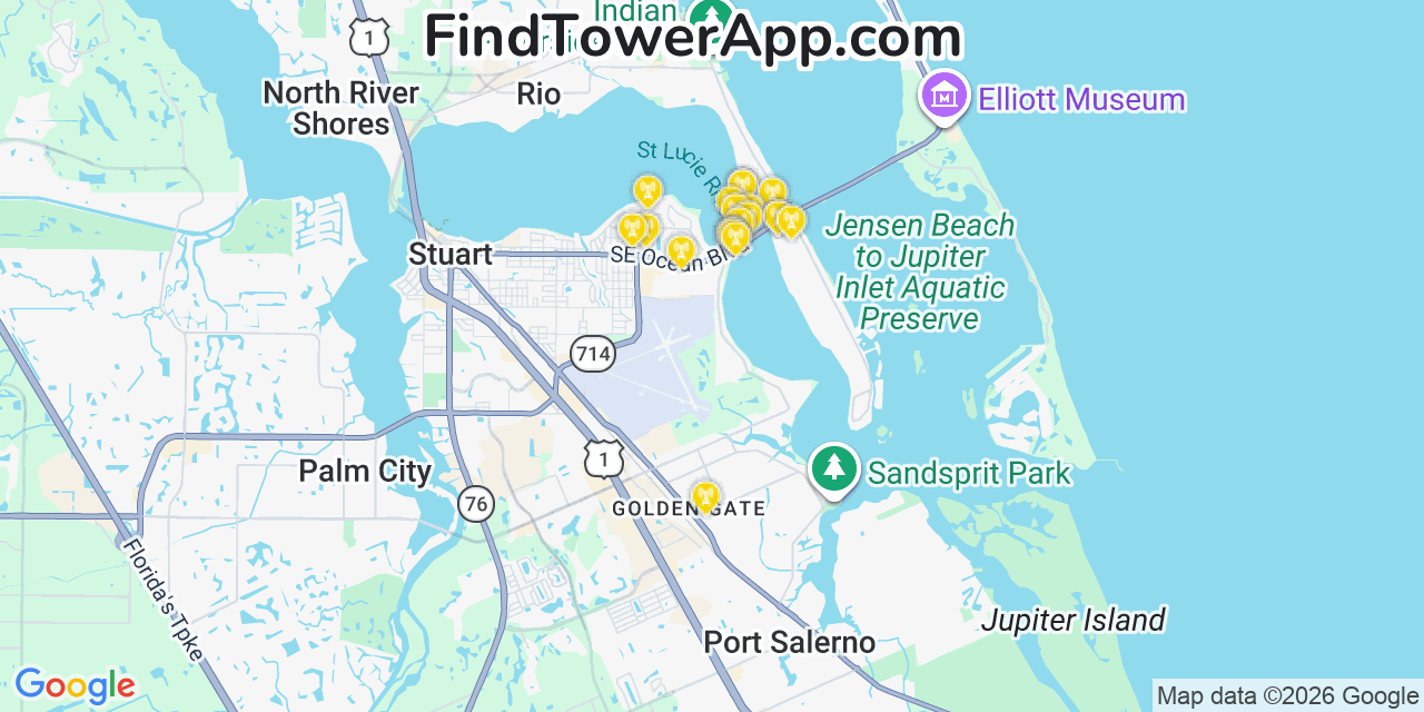 Map showing the 20 primary cell tower locations detected in Sewalls Point, Florida from AT&T, Verizon, and T-Mobile networks