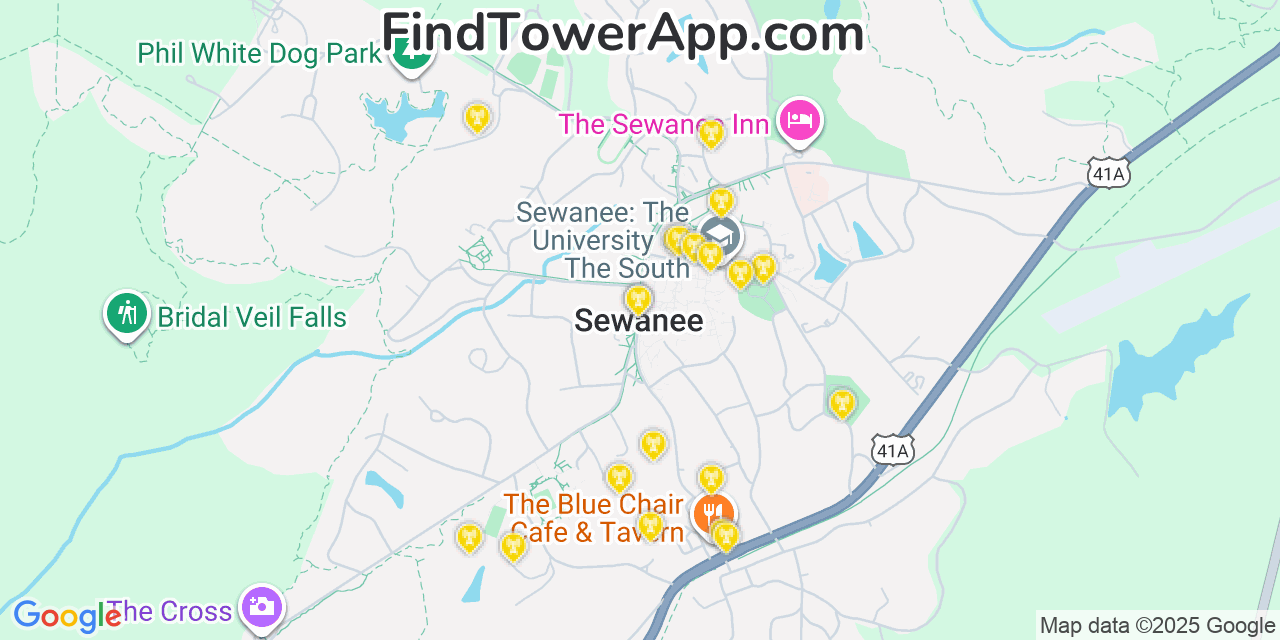 Map showing the 20 primary cell tower locations detected in Sewanee, Tennessee from AT&T, Verizon, and T-Mobile networks