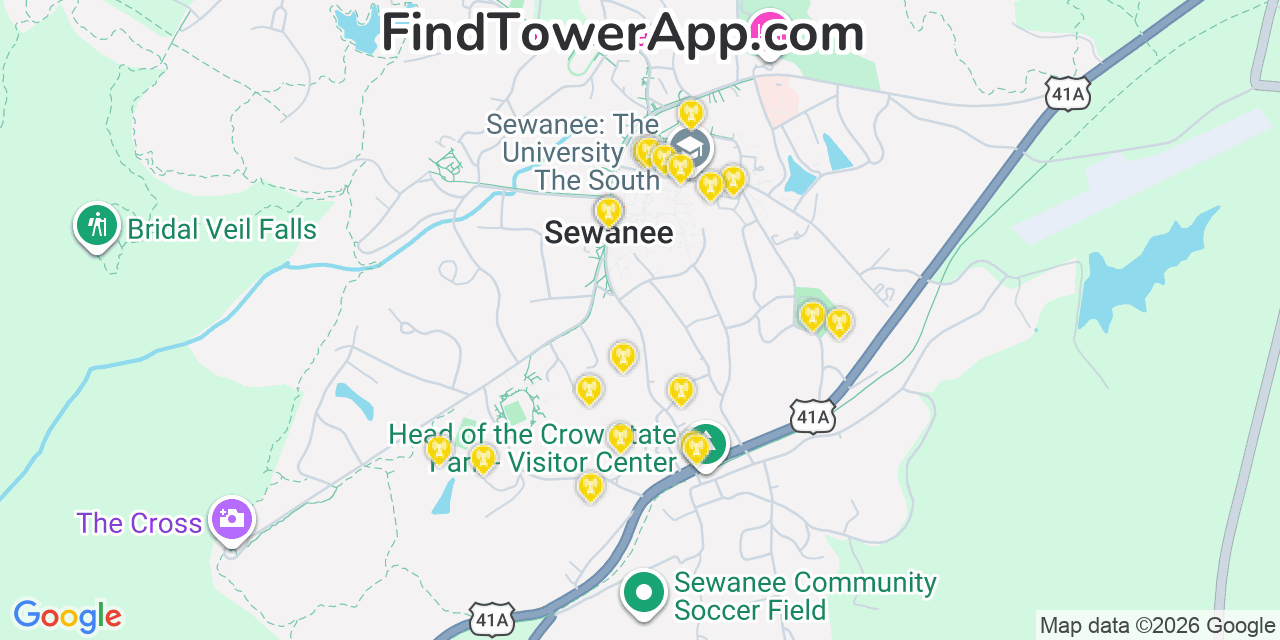 Map showing the 20 primary cell tower locations detected in Sewanee, Tennessee from AT&T, Verizon, and T-Mobile networks