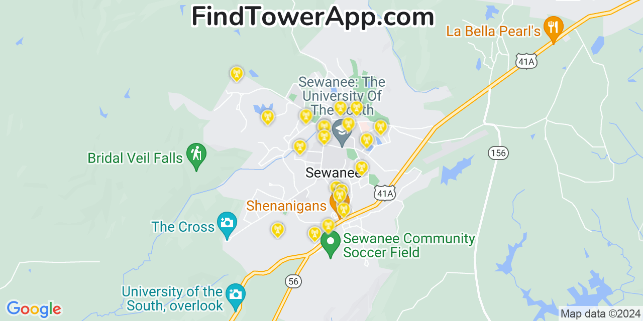 Verizon 4G/5G cell tower coverage map Sewanee, Tennessee