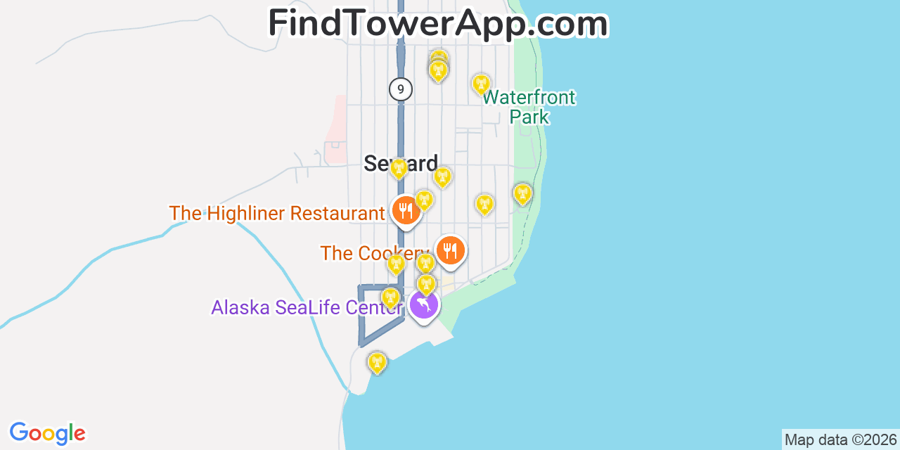 Map showing the 20 primary cell tower locations detected in Seward, Alaska from AT&T, Verizon, and T-Mobile networks