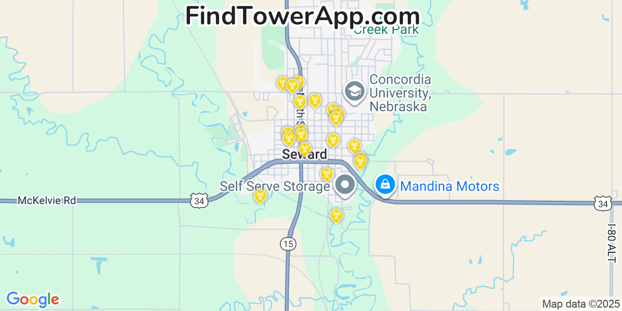 Map showing the 20 primary cell tower locations detected in Seward, Nebraska from AT&T, Verizon, and T-Mobile networks