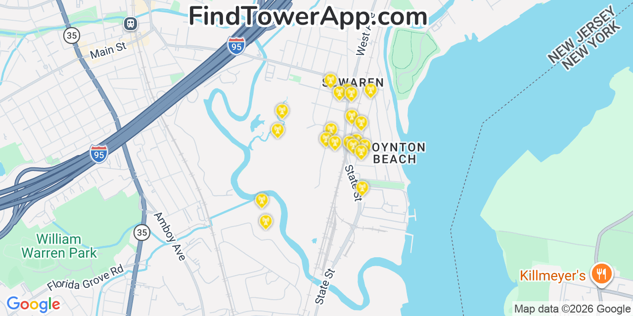Map showing the 20 primary cell tower locations detected in Sewaren, New Jersey from AT&T, Verizon, and T-Mobile networks