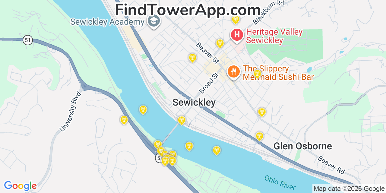 Map showing the 20 primary cell tower locations detected in Sewickley, Pennsylvania from AT&T, Verizon, and T-Mobile networks