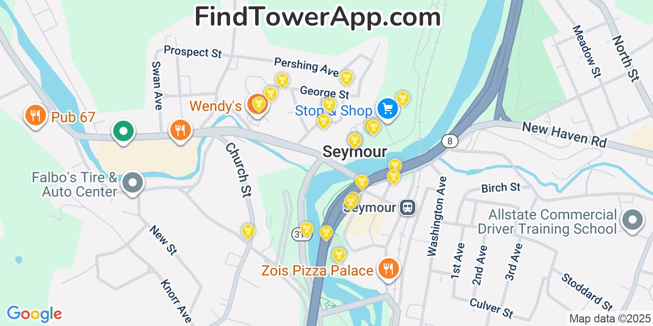 Map showing the 20 primary cell tower locations detected in Seymour, Connecticut from AT&T, Verizon, and T-Mobile networks
