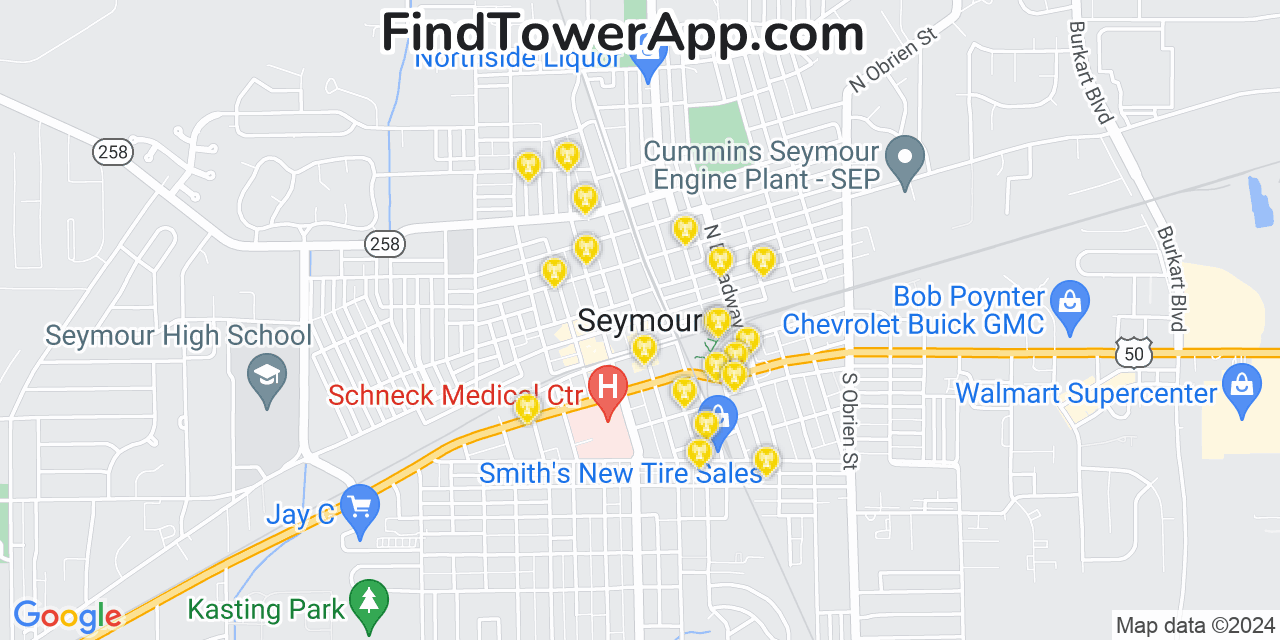 AT&T 4G/5G cell tower coverage map Seymour, Indiana