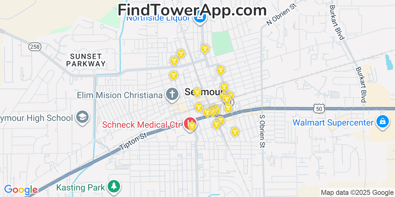 Map showing the 20 primary cell tower locations detected in Seymour, Indiana from AT&T, Verizon, and T-Mobile networks