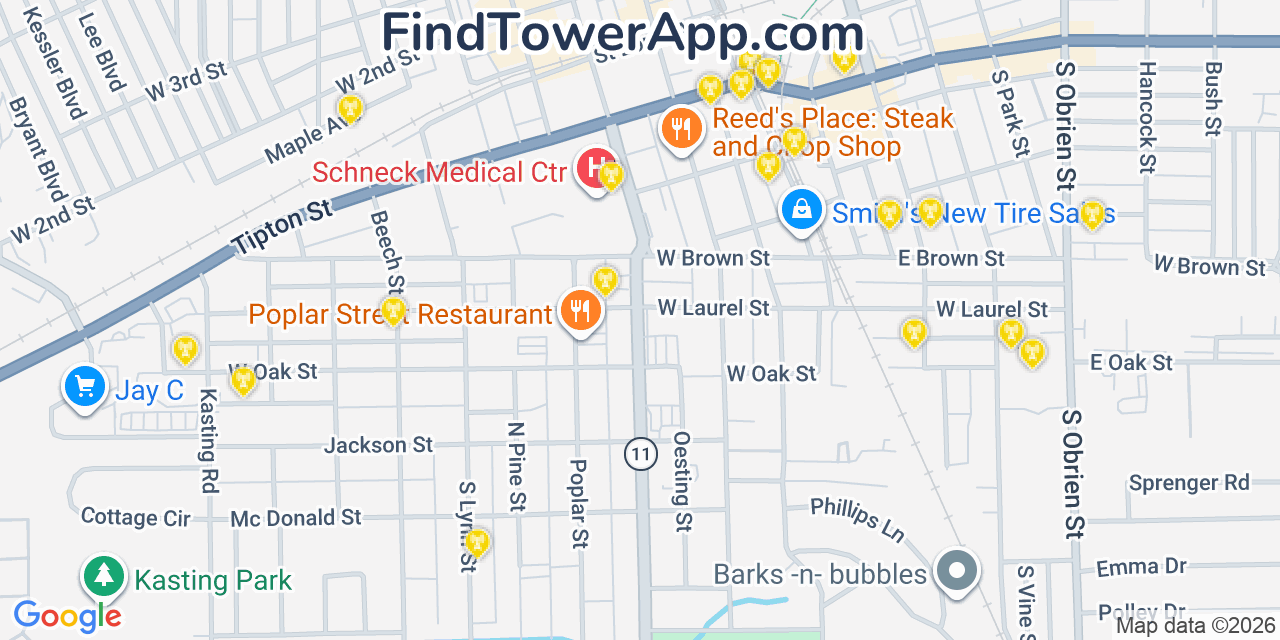 Map showing the 20 primary cell tower locations detected in Seymour, Indiana from AT&T, Verizon, and T-Mobile networks