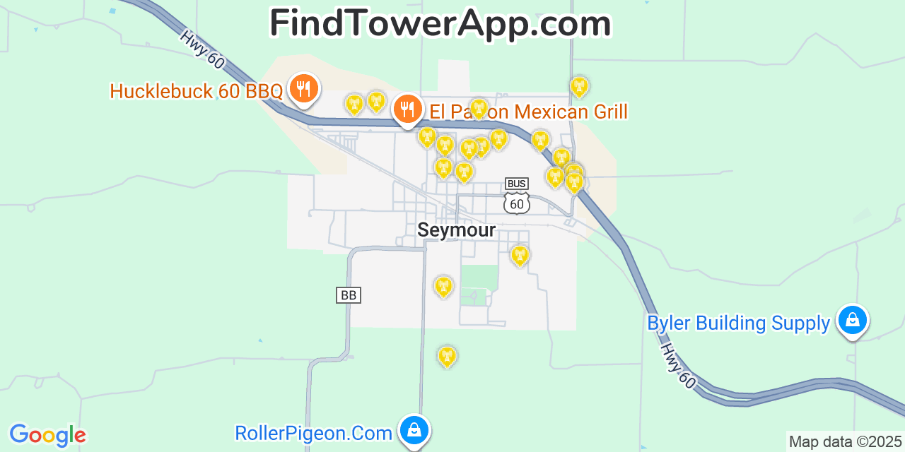 Map showing the 20 primary cell tower locations detected in Seymour, Missouri from AT&T, Verizon, and T-Mobile networks