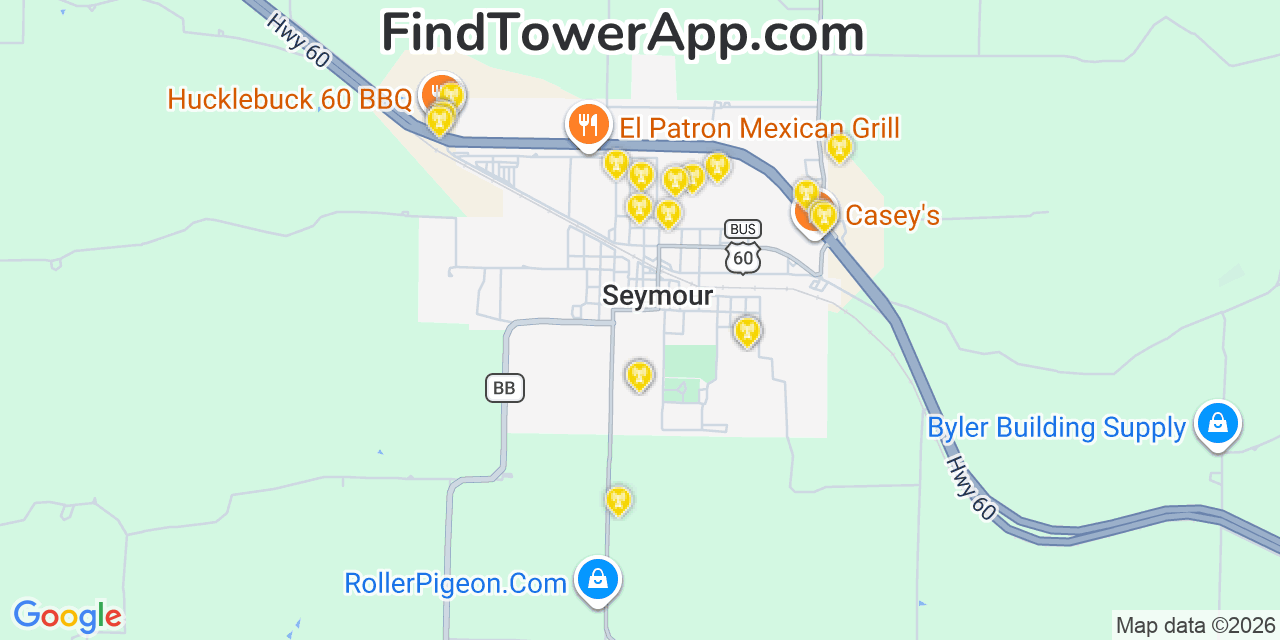 Map showing the 20 primary cell tower locations detected in Seymour, Missouri from AT&T, Verizon, and T-Mobile networks