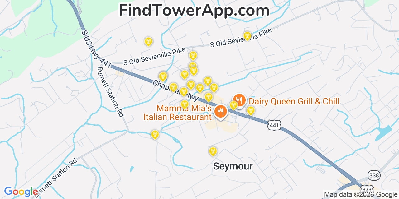 Map showing the 20 primary cell tower locations detected in Seymour, Tennessee from AT&T, Verizon, and T-Mobile networks