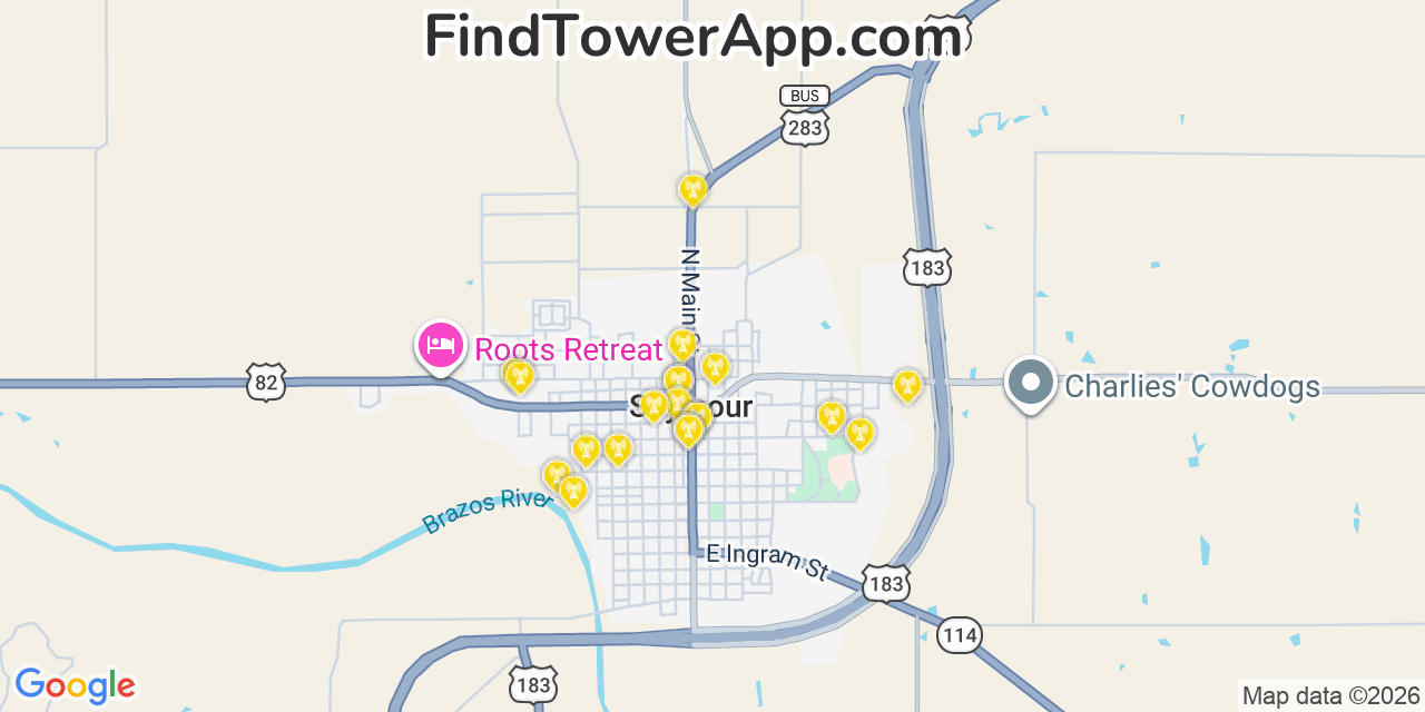 Map showing the 20 primary cell tower locations detected in Seymour, Texas from AT&T, Verizon, and T-Mobile networks