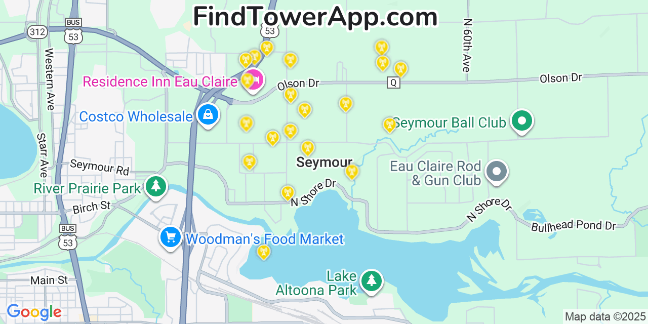 Map showing the 20 primary cell tower locations detected in Seymour, Wisconsin from AT&T, Verizon, and T-Mobile networks