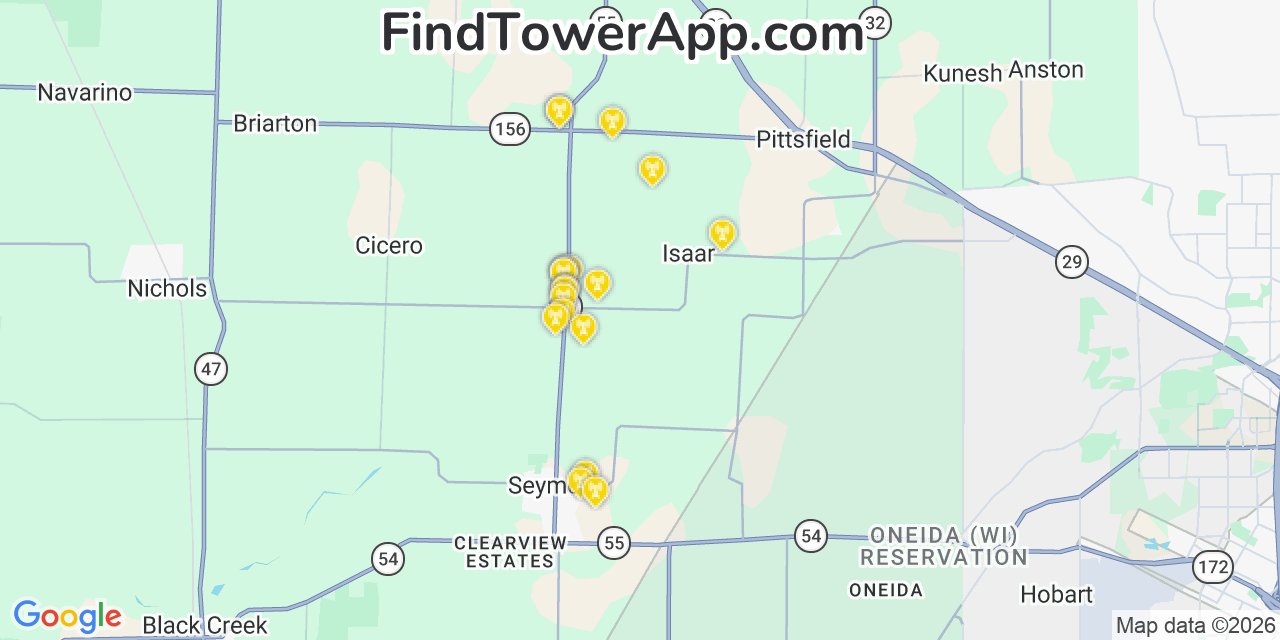 Map showing the 20 primary cell tower locations detected in Seymour, Wisconsin from AT&T, Verizon, and T-Mobile networks