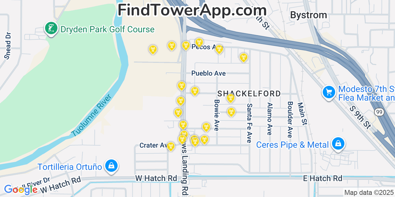 Map showing the 20 primary cell tower locations detected in Shackelford, California from AT&T, Verizon, and T-Mobile networks
