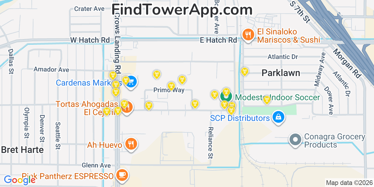 Map showing the 20 primary cell tower locations detected in Shackelford, California from AT&T, Verizon, and T-Mobile networks