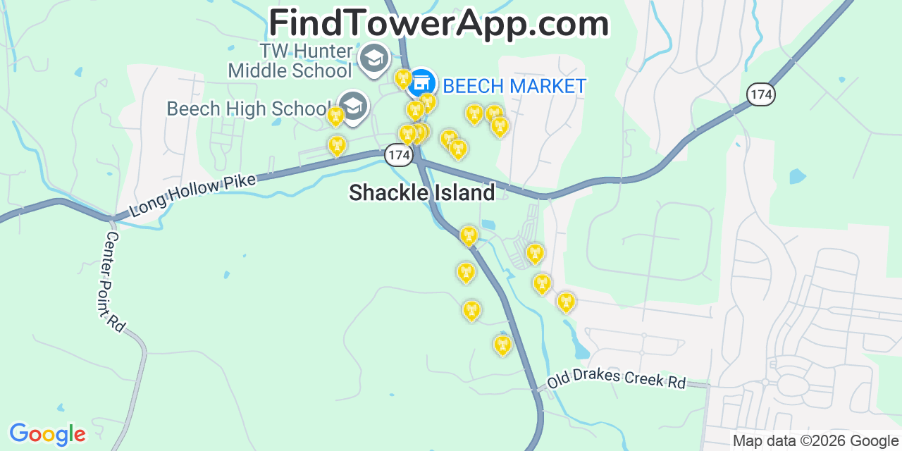 Map showing the 20 primary cell tower locations detected in Shackle Island, Tennessee from AT&T, Verizon, and T-Mobile networks