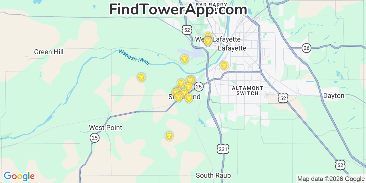 Map showing the 20 primary cell tower locations detected in Shadeland, Indiana from AT&T, Verizon, and T-Mobile networks