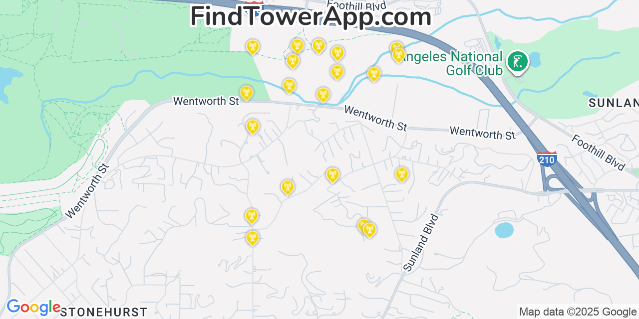 Map showing the 20 primary cell tower locations detected in Shadow Hills, California from AT&T, Verizon, and T-Mobile networks