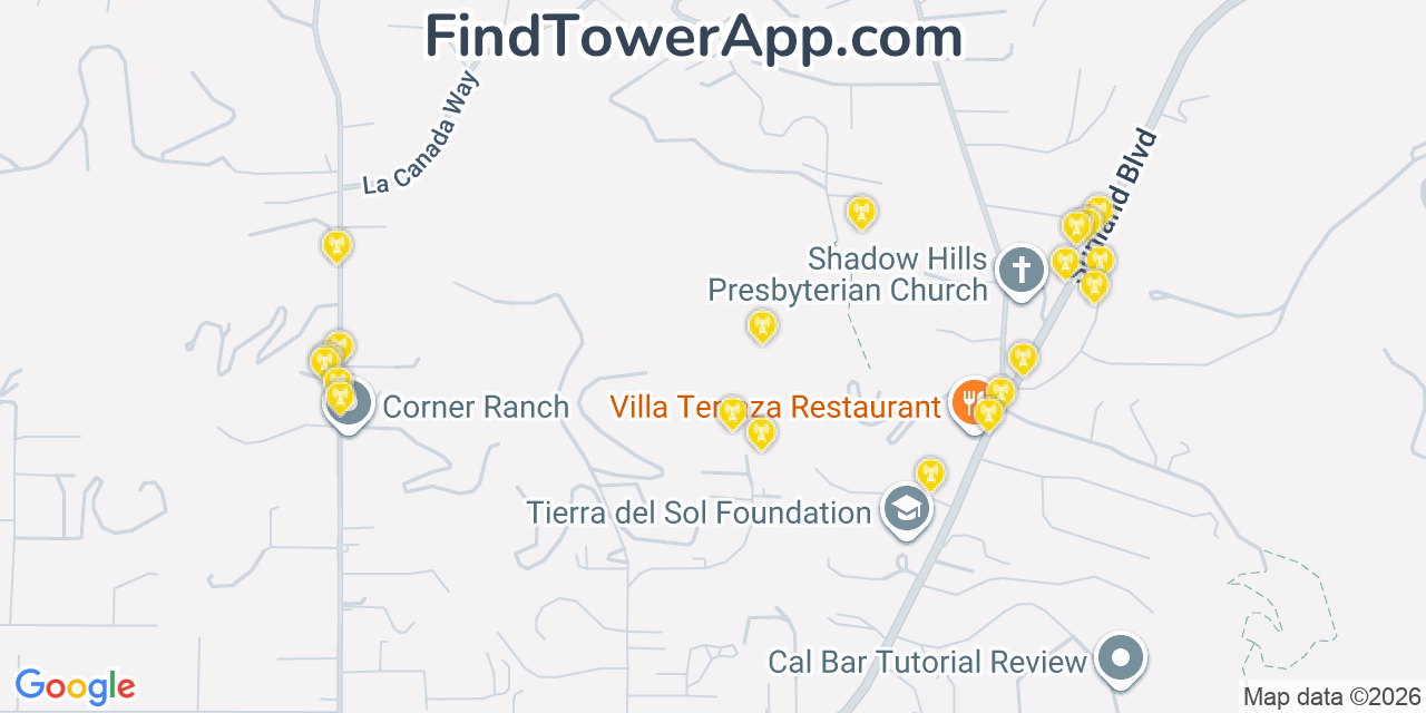 Map showing the 20 primary cell tower locations detected in Shadow Hills, California from AT&T, Verizon, and T-Mobile networks