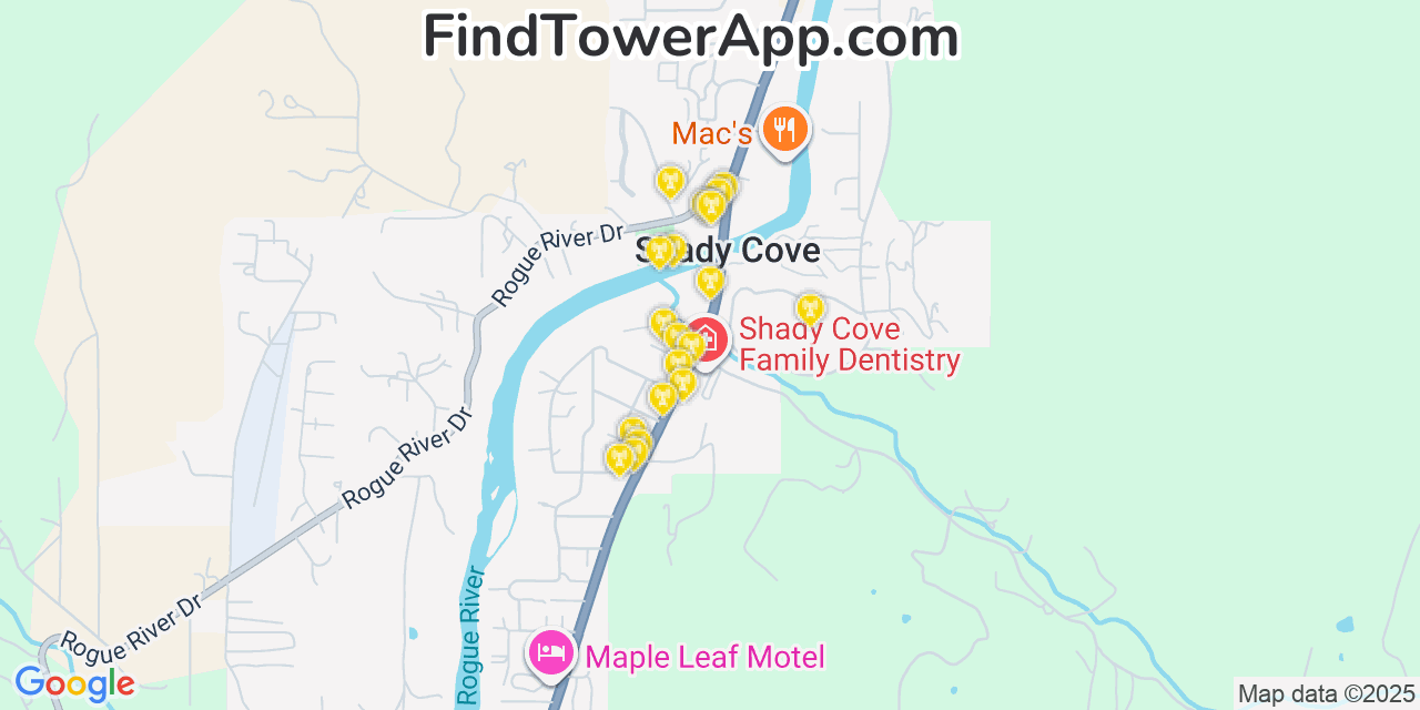 Map showing the 20 primary cell tower locations detected in Shady Cove, Oregon from AT&T, Verizon, and T-Mobile networks