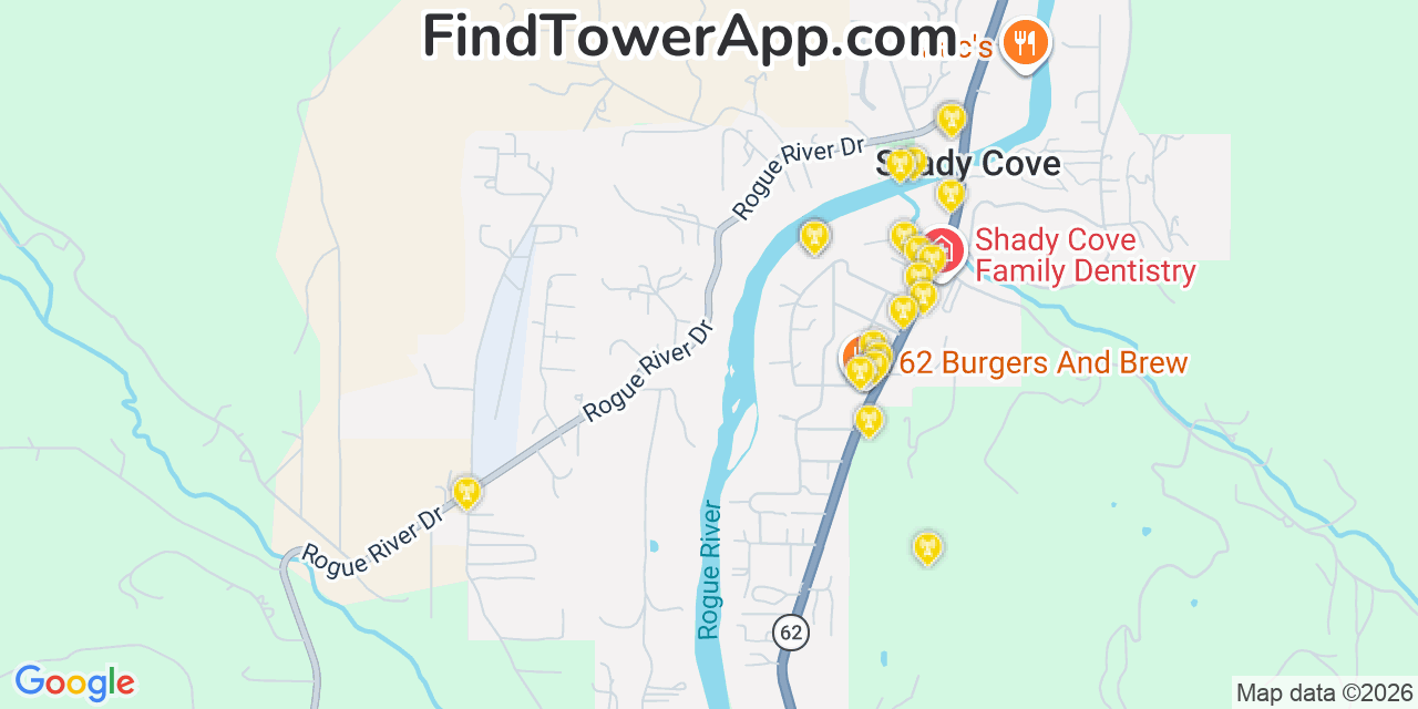Map showing the 20 primary cell tower locations detected in Shady Cove, Oregon from AT&T, Verizon, and T-Mobile networks