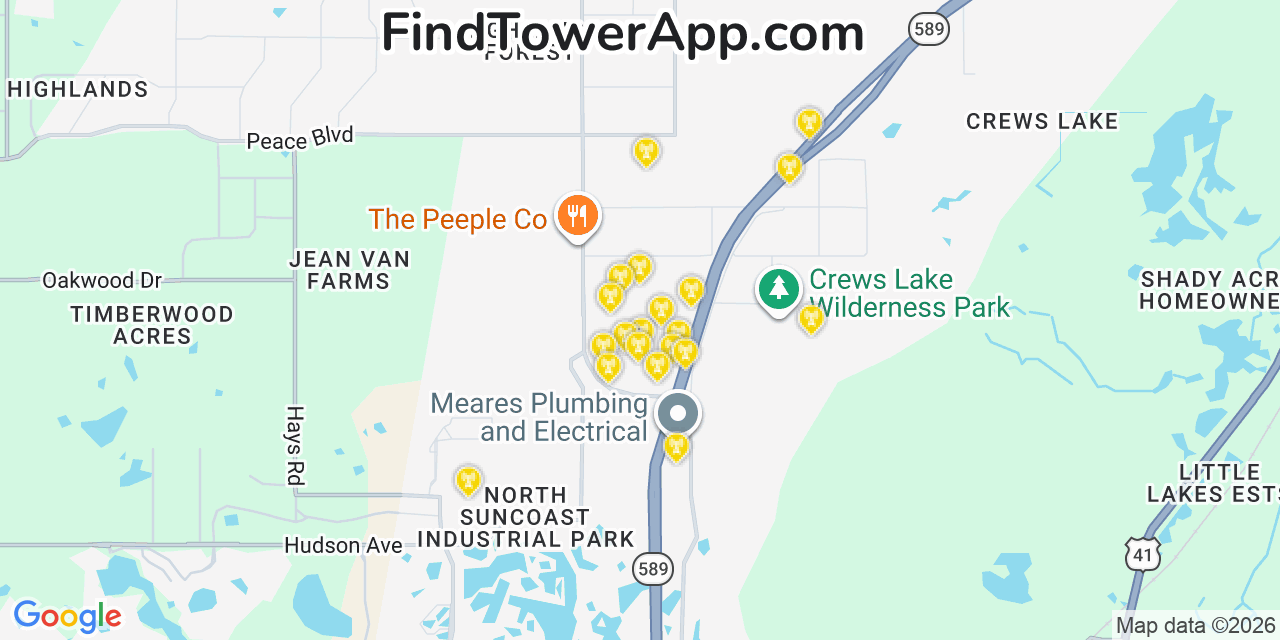Map showing the 20 primary cell tower locations detected in Shady Hills, Florida from AT&T, Verizon, and T-Mobile networks