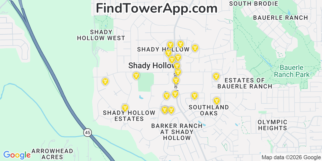 Map showing the 20 primary cell tower locations detected in Shady Hollow, Texas from AT&T, Verizon, and T-Mobile networks