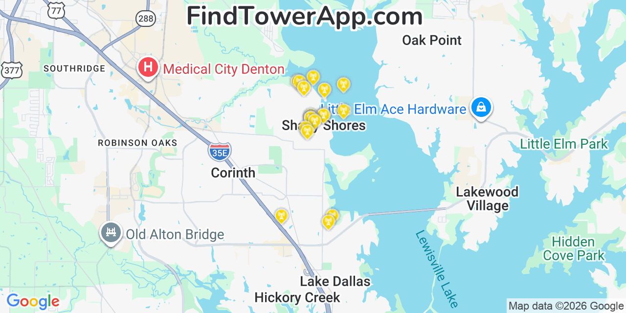 Map showing the 20 primary cell tower locations detected in Shady Shores, Texas from AT&T, Verizon, and T-Mobile networks