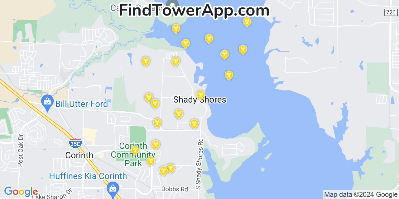 Verizon 4G/5G cell tower coverage map Shady Shores, Texas