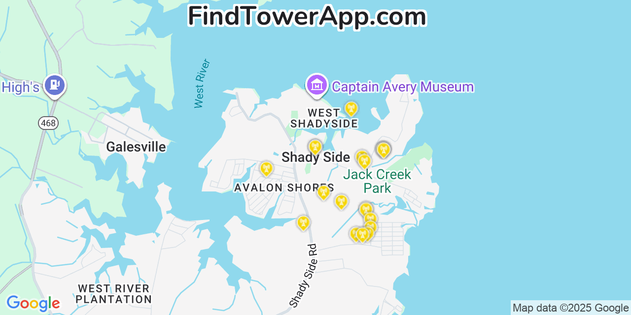 Map showing the 20 primary cell tower locations detected in Shady Side, Maryland from AT&T, Verizon, and T-Mobile networks