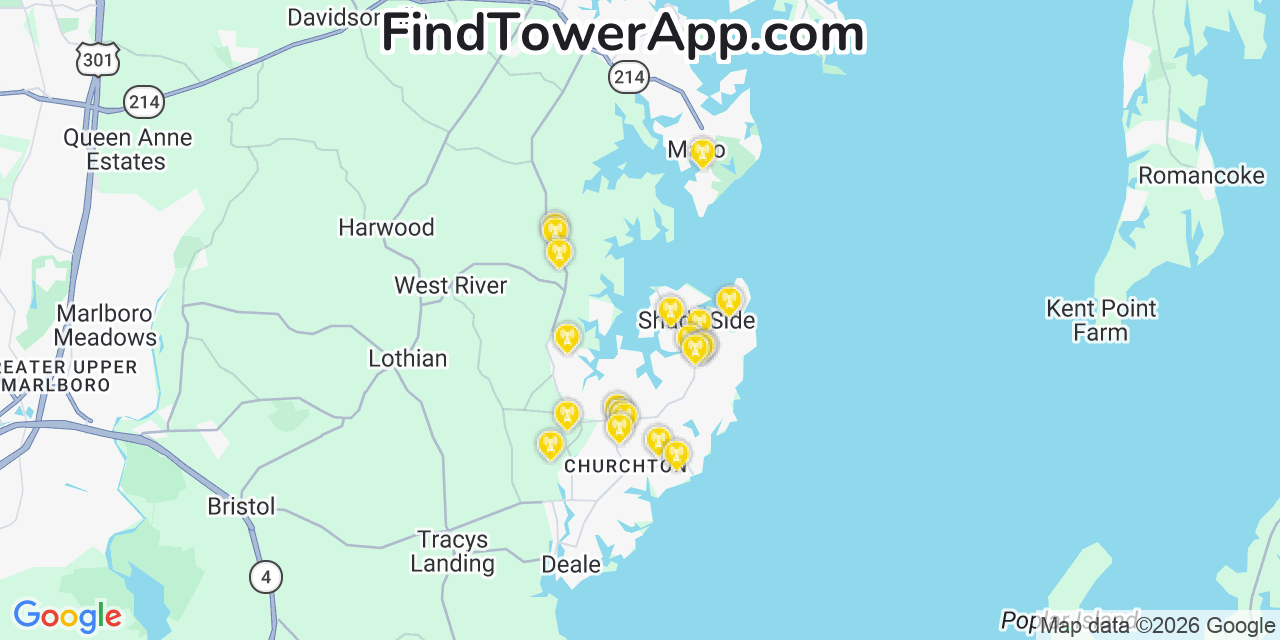 Map showing the 20 primary cell tower locations detected in Shady Side, Maryland from AT&T, Verizon, and T-Mobile networks
