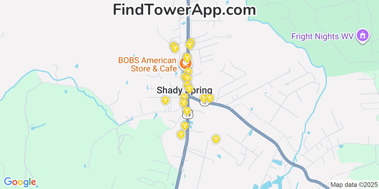 Map showing the 20 primary cell tower locations detected in Shady Spring, West Virginia from AT&T, Verizon, and T-Mobile networks